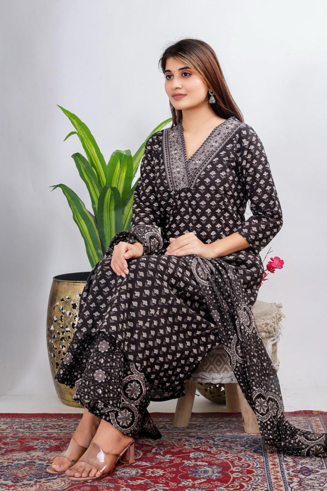 Black Printed Cotton Suit