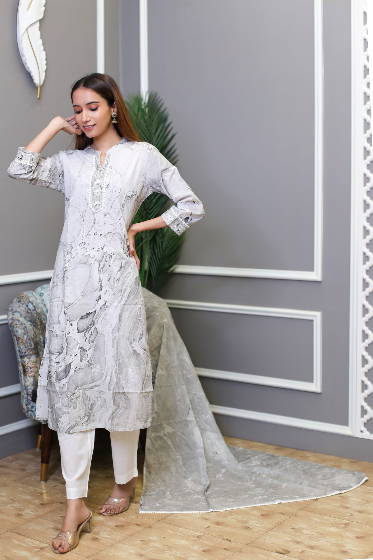 Marble Print Mulmul Cotton Suit