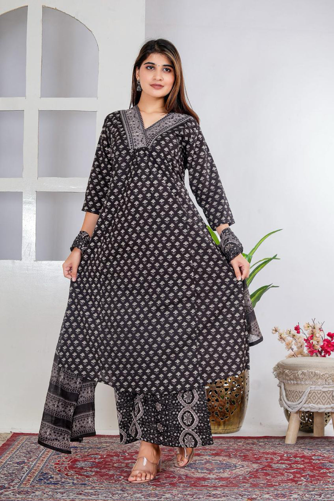 Black Printed Cotton Suit