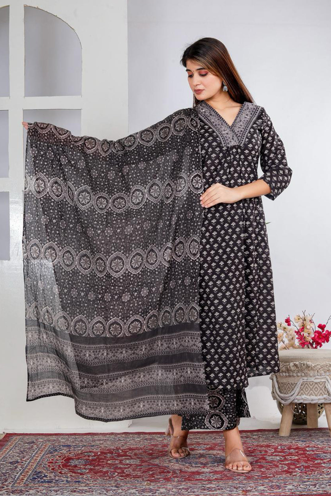 Black Printed Cotton Suit