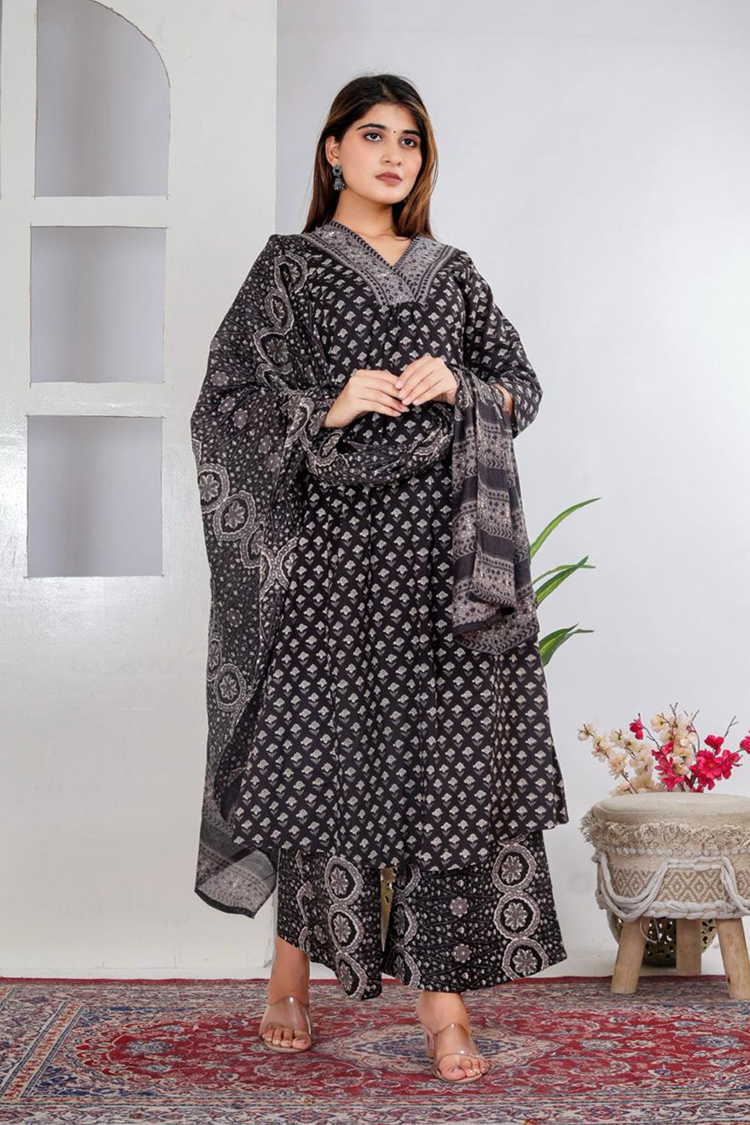 Black Printed Cotton Suit