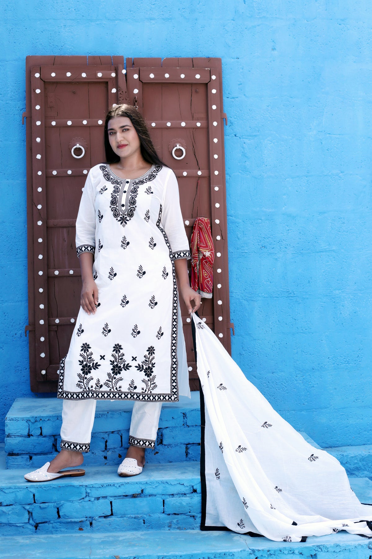 White and Black Lucknowi Embroidered Suit