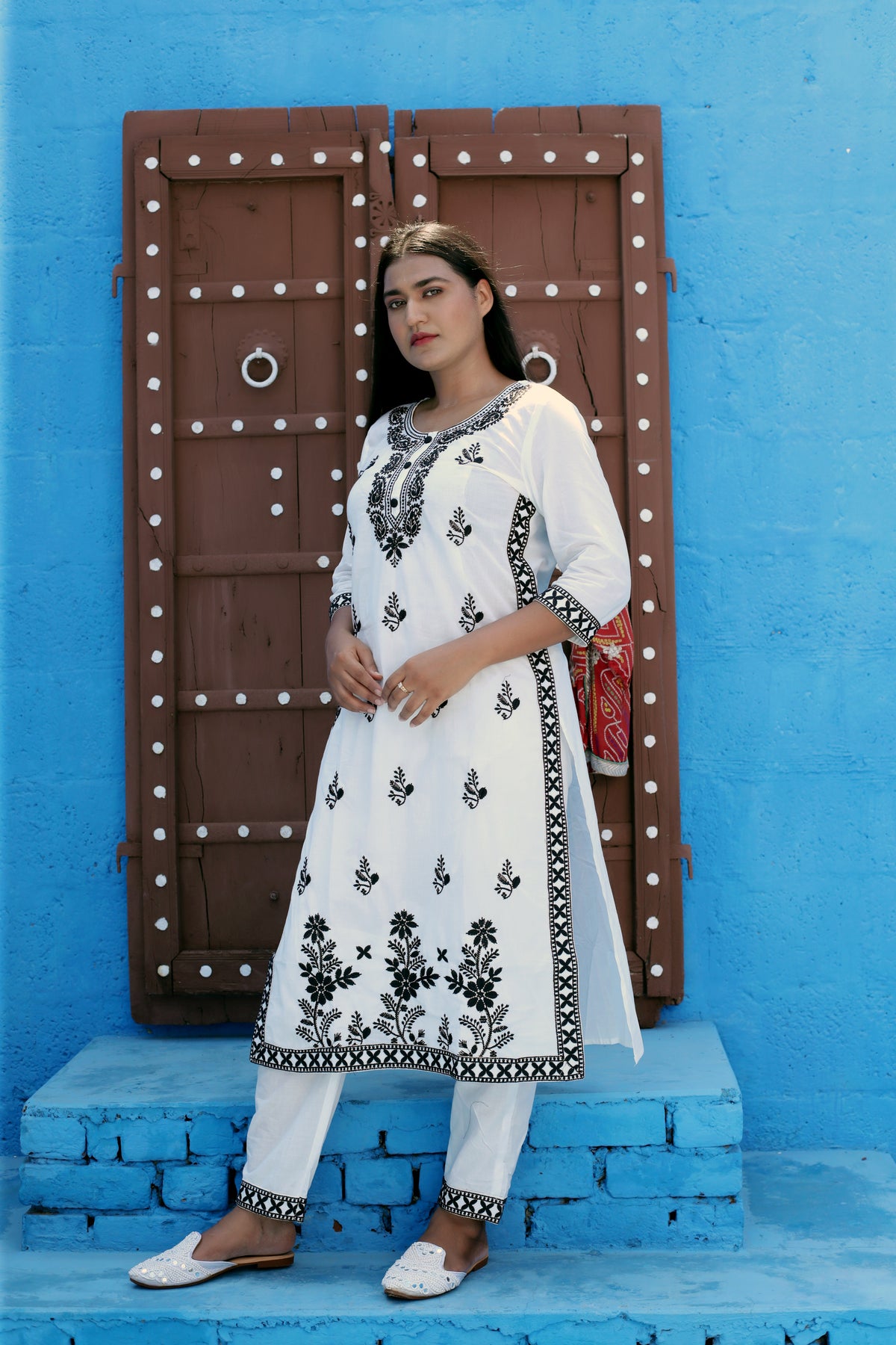 White and Black Lucknowi Embroidered Suit