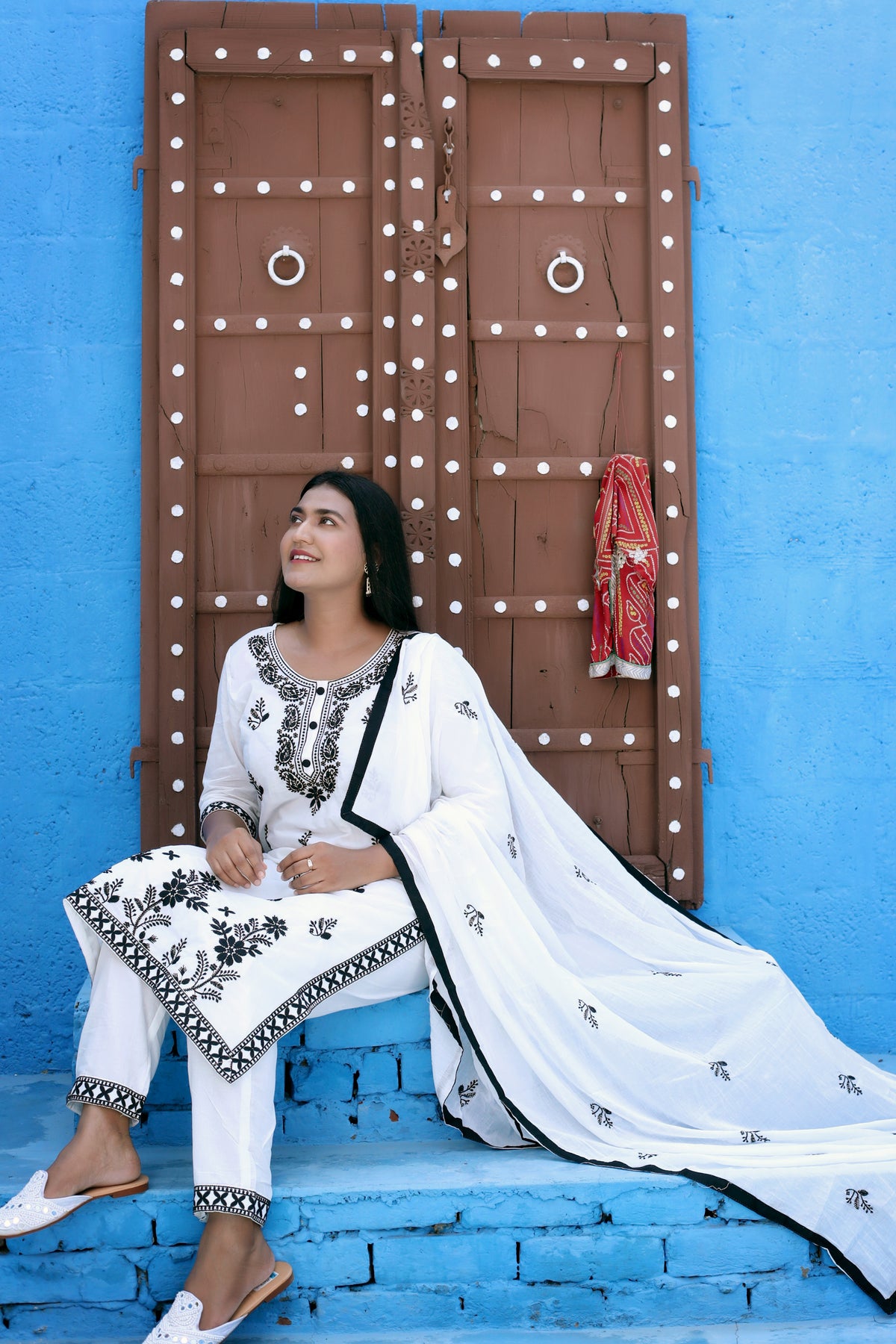 White and Black Lucknowi Embroidered Suit