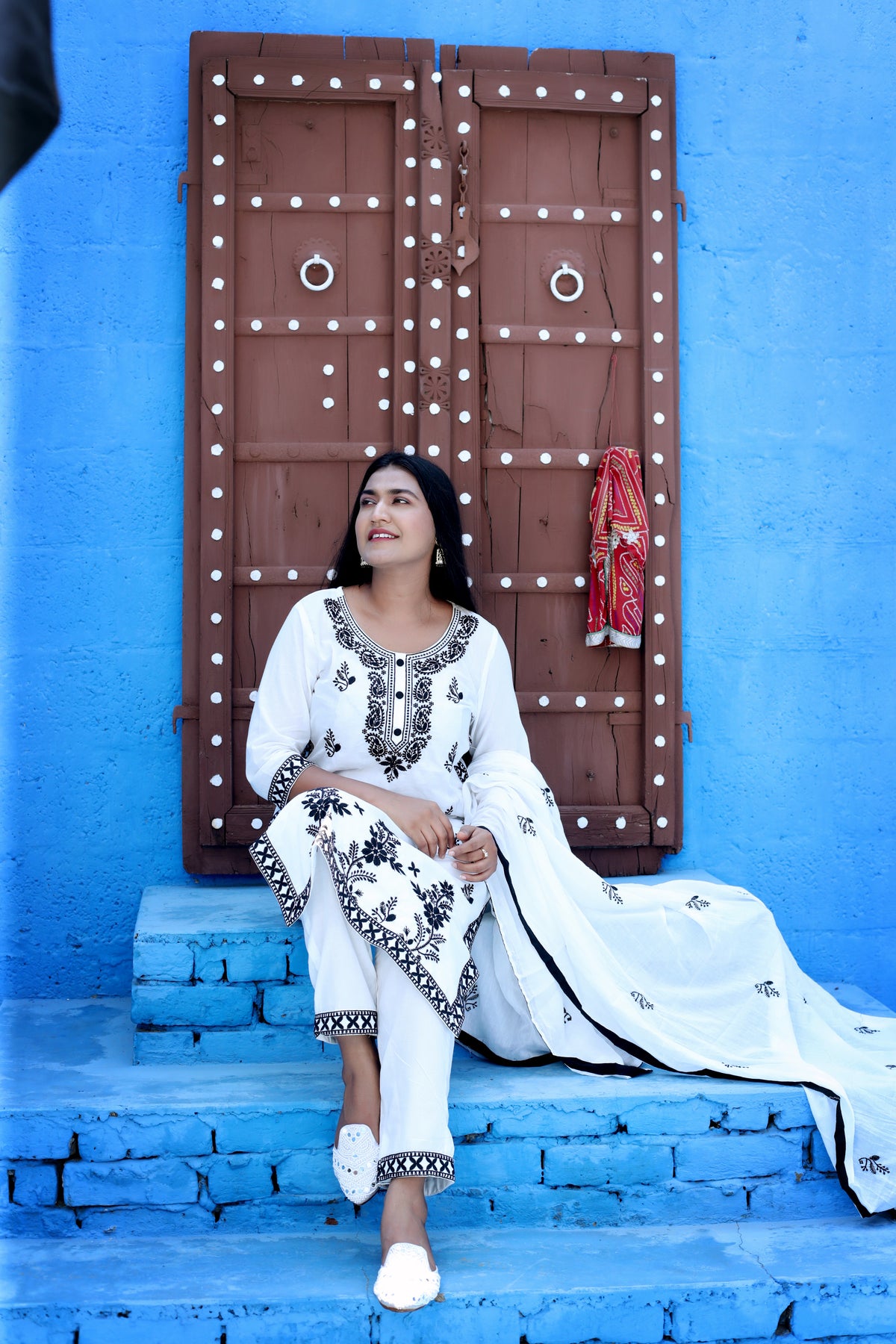 White and Black Lucknowi Embroidered Suit