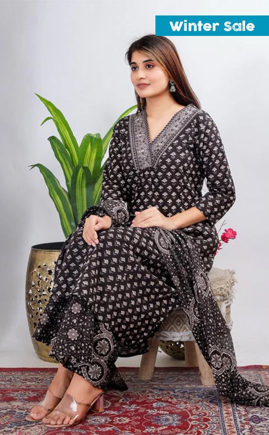 Black Printed Cotton Suit