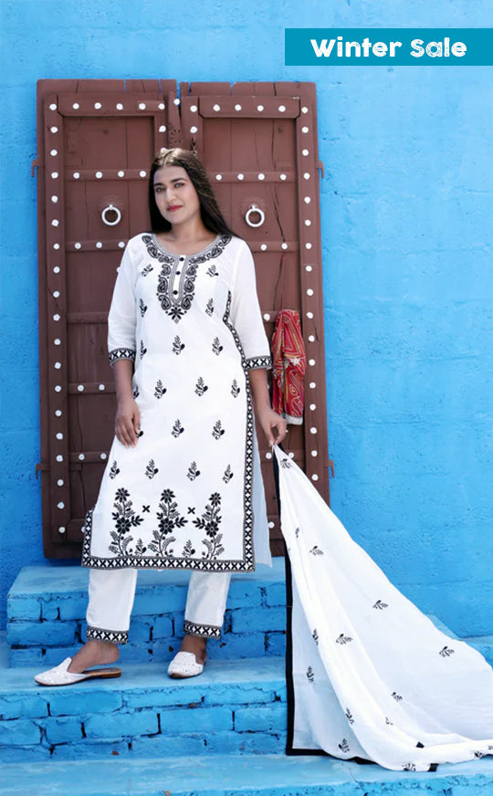 White and Black Lucknowi Embroidered Suit