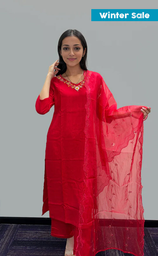 Scarlet Elegance Embroidered Suit Set